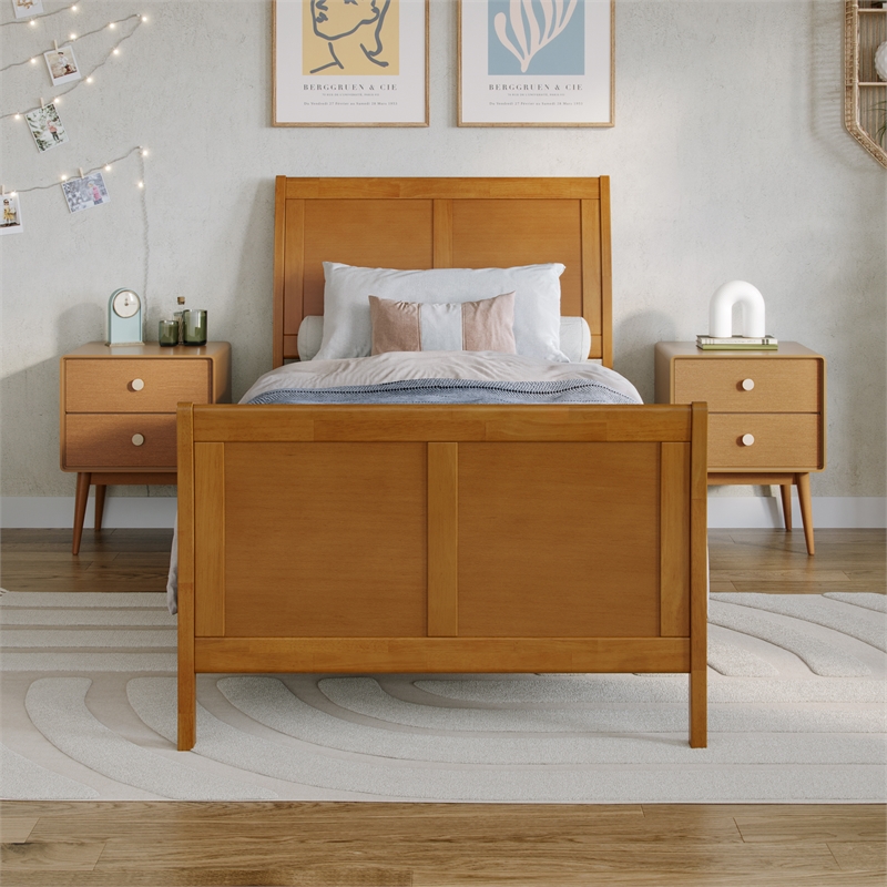Portland Twin XL Wood Foundation Bed Frame with Matching Footboard  Light Toffee