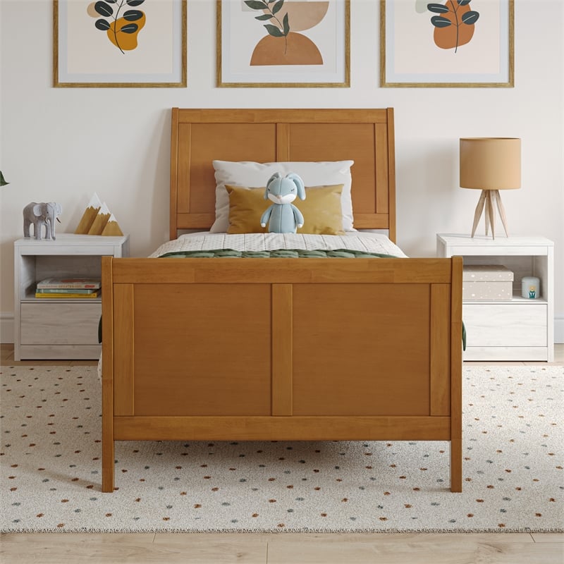 Portland Twin Wood Foundation Bed Frame with Matching Footboard Light Toffee