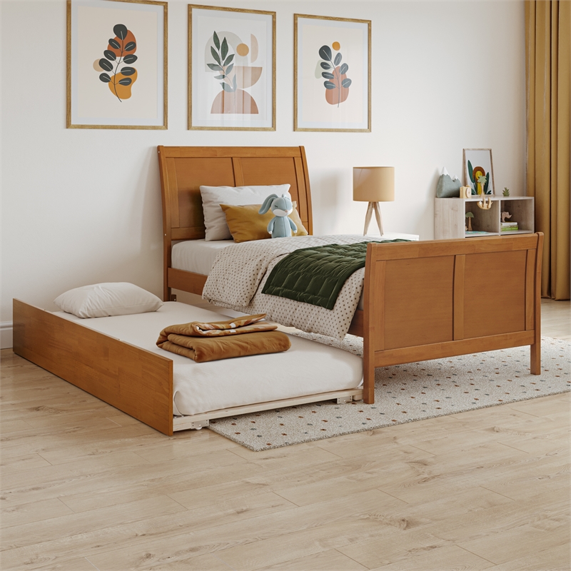 Portland Twin Wood Bed with Matching Footboard & Trundle in Light Toffee