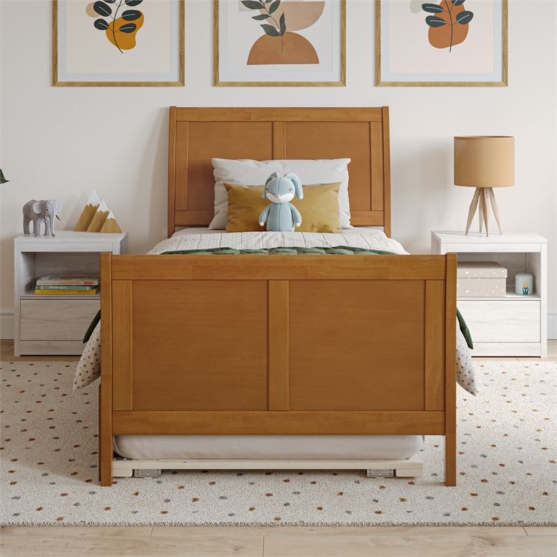 Portland Twin Wood Bed with Matching Footboard & Trundle in Light Toffee