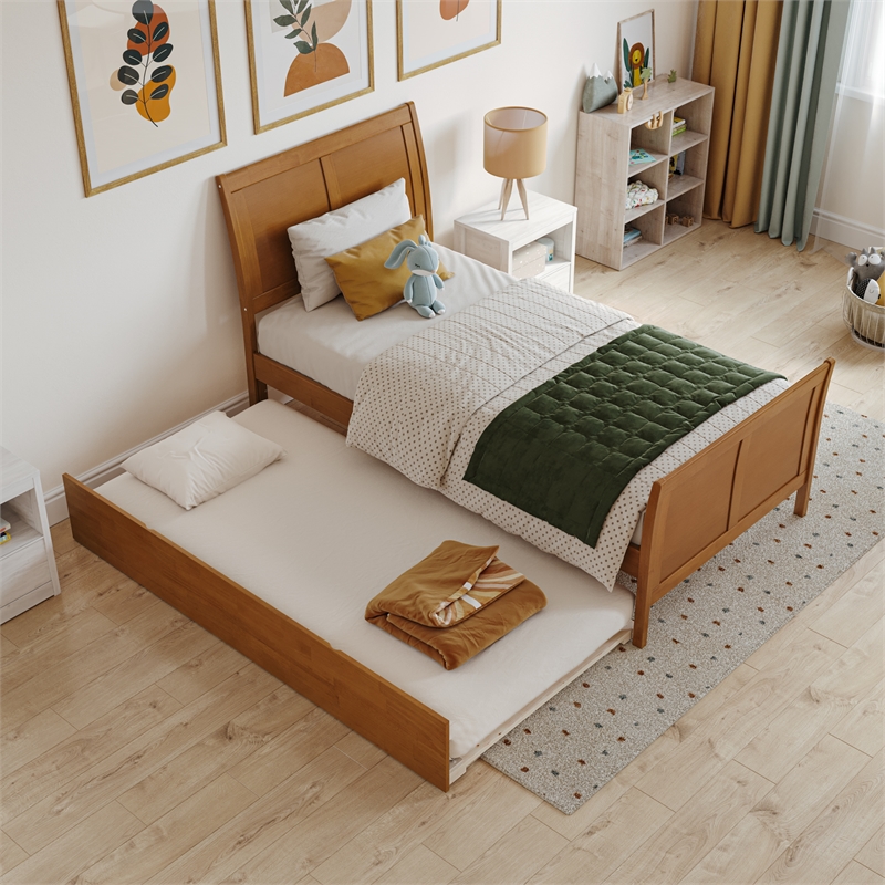 Portland Twin Wood Bed with Matching Footboard & Trundle in Light Toffee