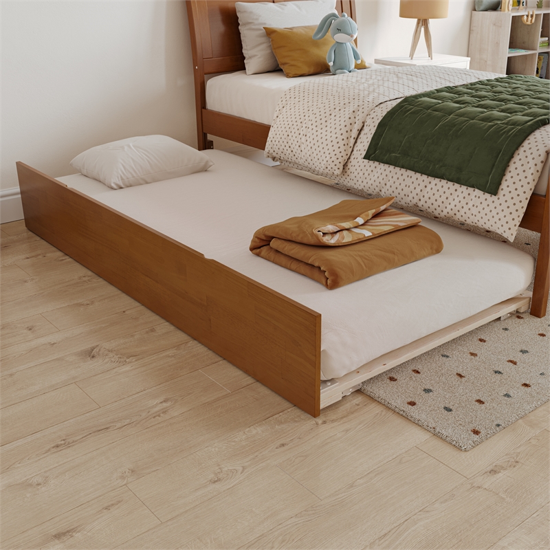 Portland Twin Wood Bed with Matching Footboard & Trundle in Light Toffee