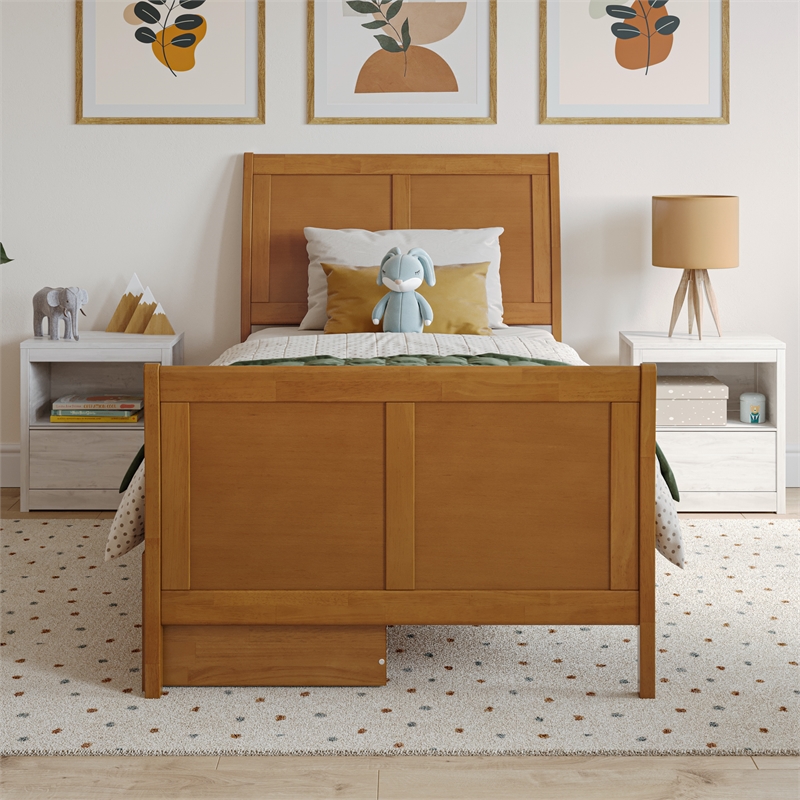 Portland Twin Storage Wood Platform Bed with Matching Footboard in Light Toffee