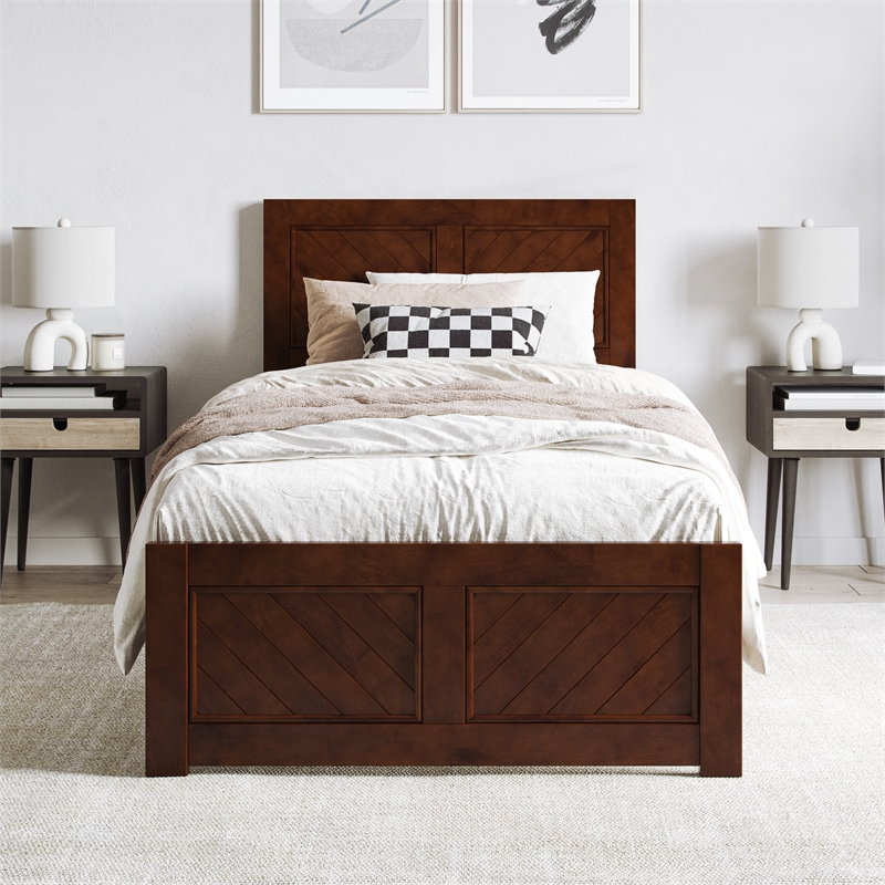 Berkshire Twin XL Low Profile Platform Bed w/ Matching Footboard in Walnut Brown