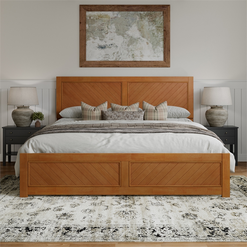 Berkshire King Wood Low Profile Platform Bed wMatching Footboard in Light Toffee