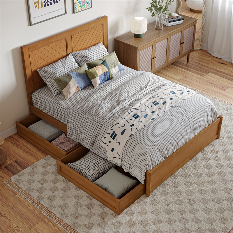 Clayton Full Wood Platform Bed with Panel Footboard & Drawers in Light Toffee