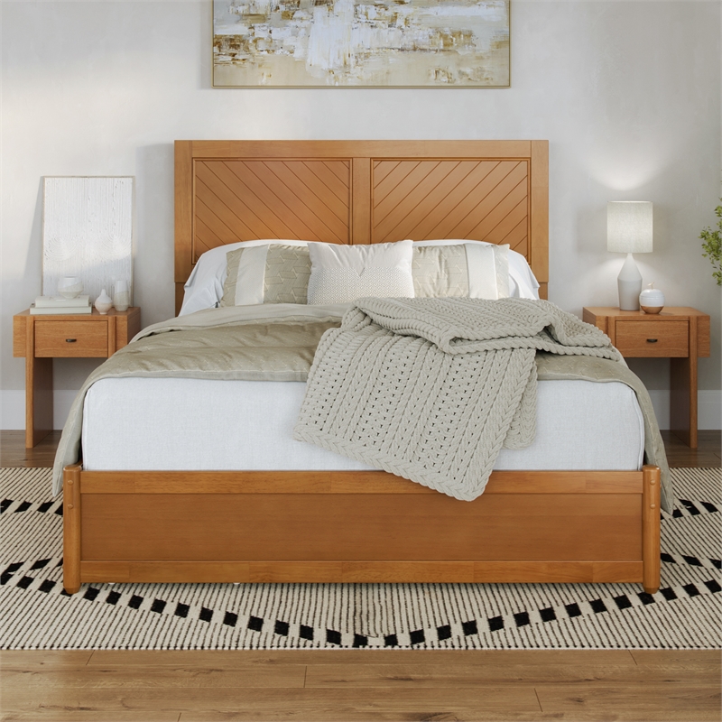 Clayton Queen Wood Platform Bed with Panel Footboard & Drawers in Light Toffee