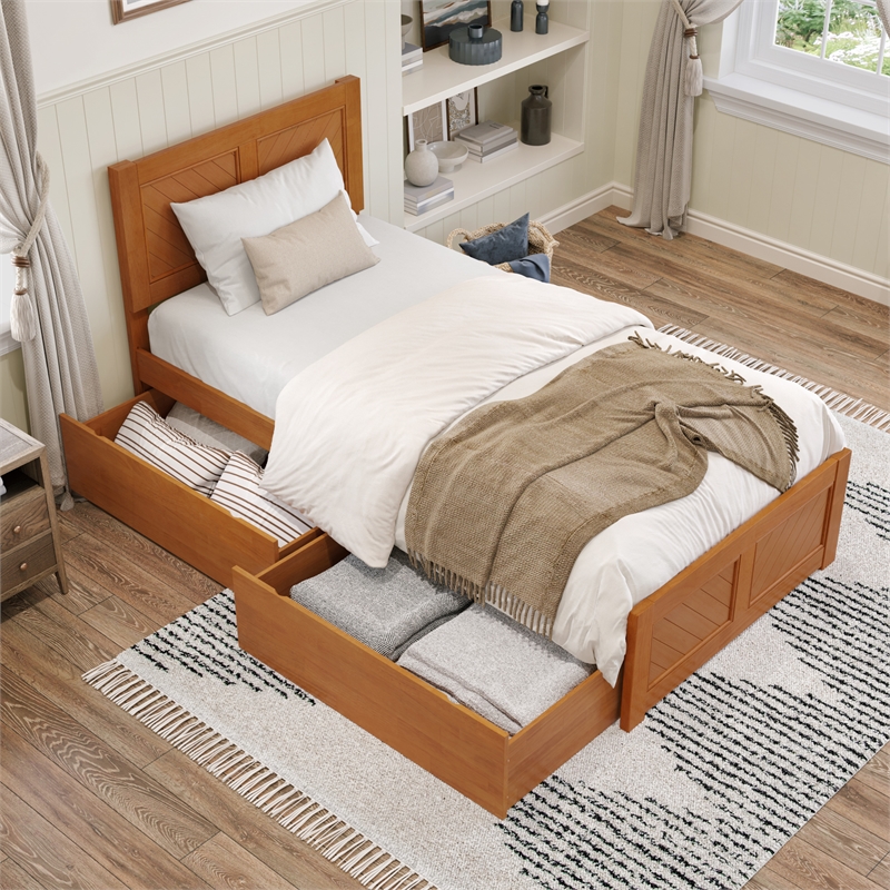 Canyon Twin XL Storage Wood Platform Bed with Matching Footboard in Light Toffee