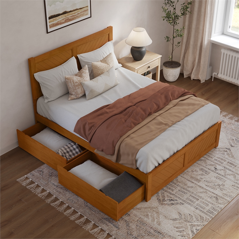 Canyon Queen Storage Wood Platform Bed with Matching Footboard in Light Toffee