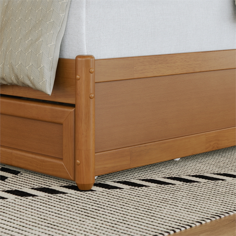 Clayton Queen Wood Platform Bed with Panel Footboard & Trundle in Light Toffee