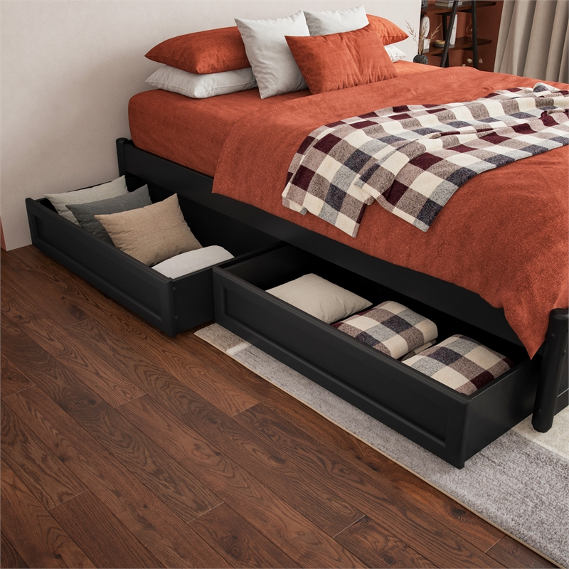 Queen/King/Twin XL Mid-Century Modern Wood Under Bed Storage Drawers in Black