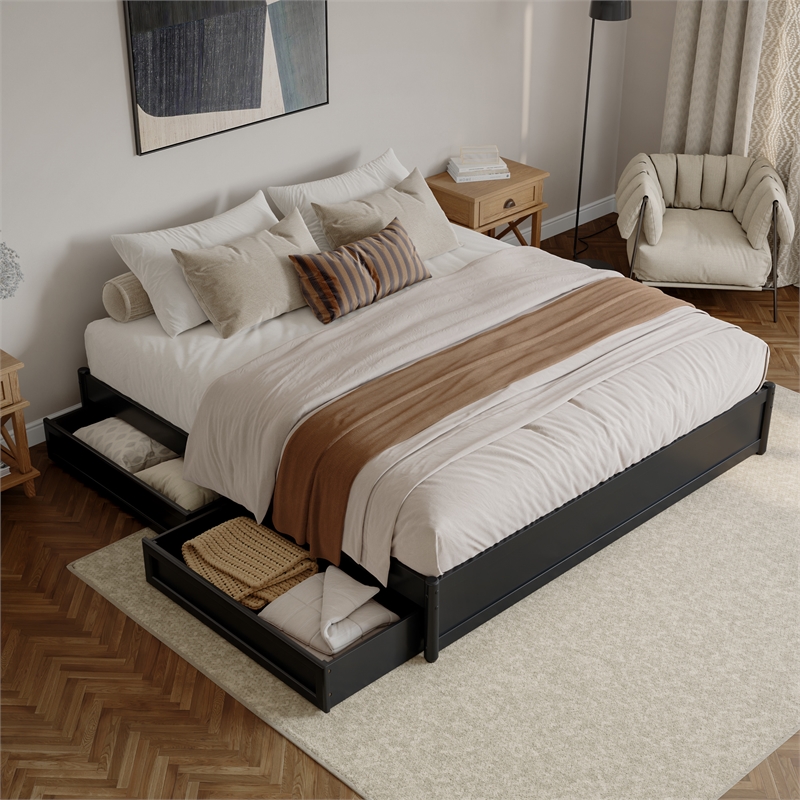 Barcelona King Panel Platform Bed with 2 Storage Drawers in Black