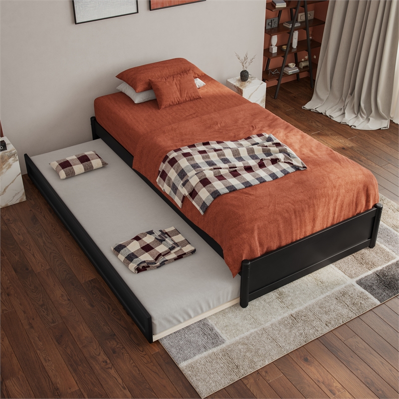 Barcelona Twin XL Solid Wood Panel Platform Bed with Twin XL Trundle in Black