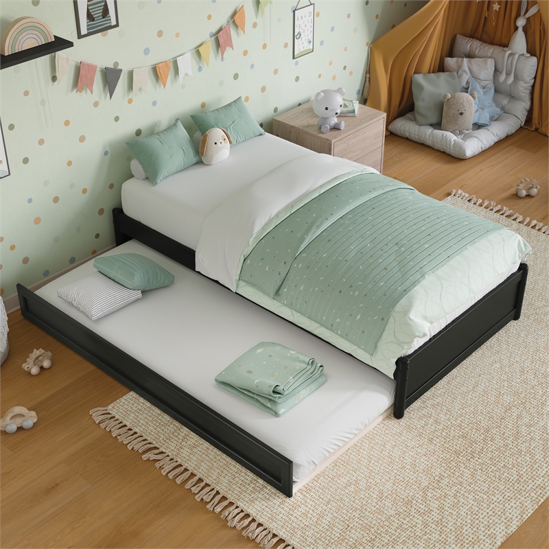 Barcelona Twin Solid Wood Panel Platform Bed with Twin Trundle in Black