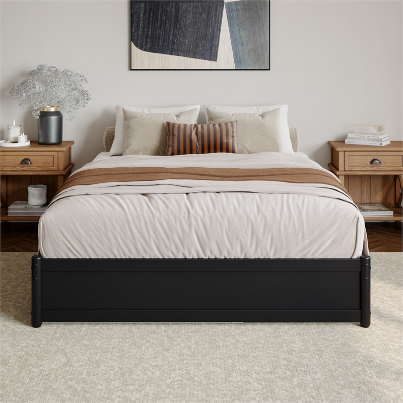 Barcelona Queen Solid Wood Panel Platform Bed with Twin XL Trundle in Black