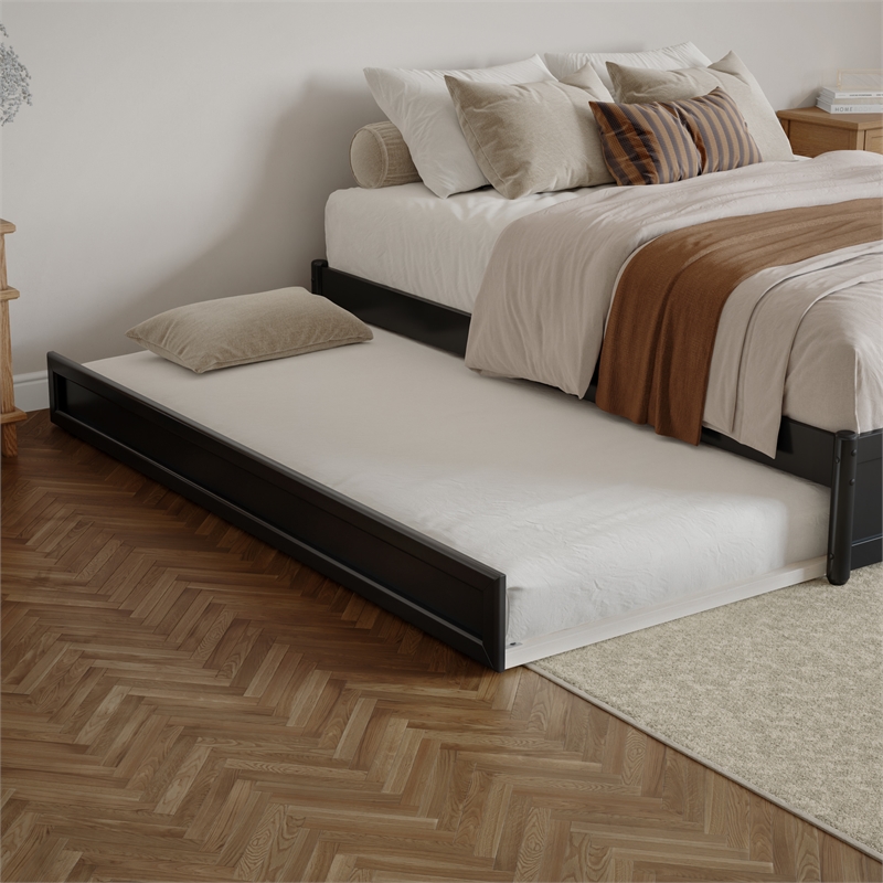Barcelona Queen Solid Wood Panel Platform Bed with Twin XL Trundle in Black