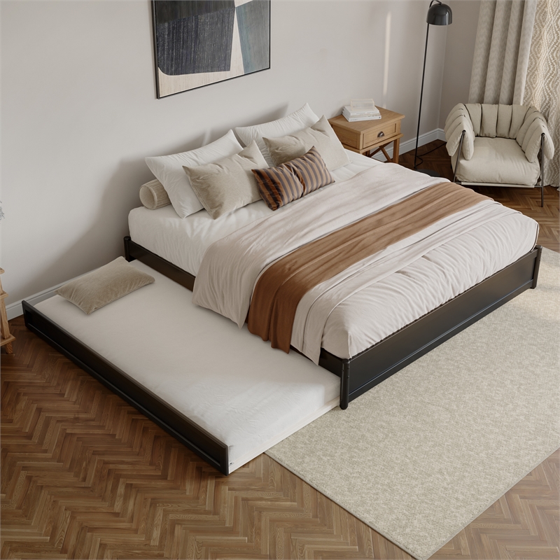 Barcelona King Solid Wood Panel Platform Bed with Twin XL Trundle in Black