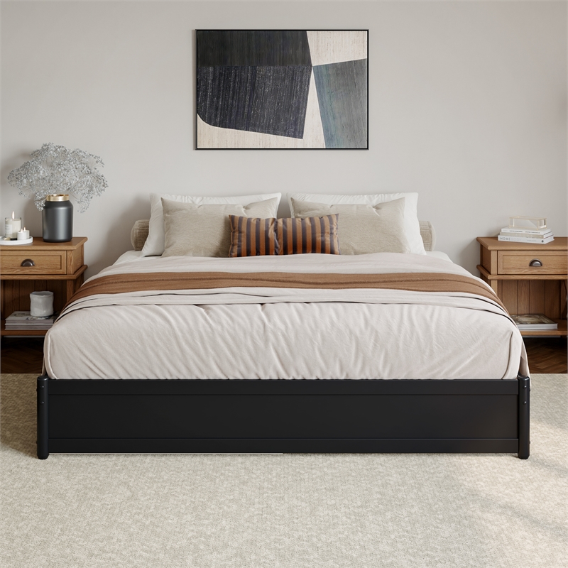 Barcelona King Solid Wood Panel Platform Bed with Twin XL Trundle in Black