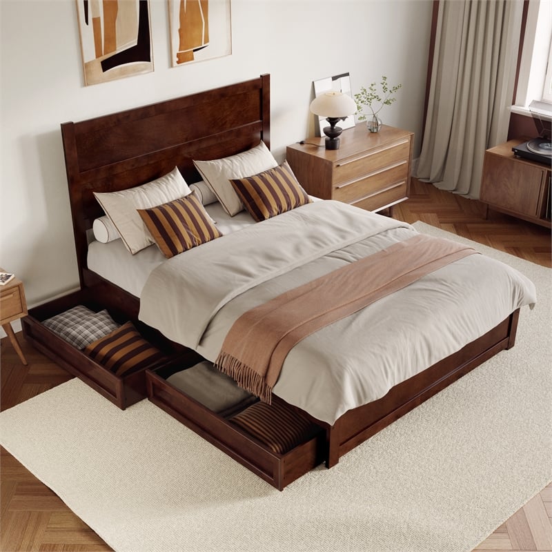 Aveline Queen Platform Bed with Matching Footboard & Drawers in Walnut