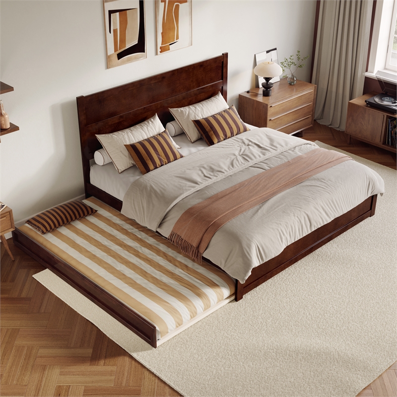 Aveline King Wood Platform Bed Matching Footboard & Twin XL Trundle in Walnut