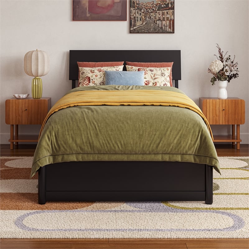 Norla Twin XL Wood Platform Bed with Footboard and Drawers in Black