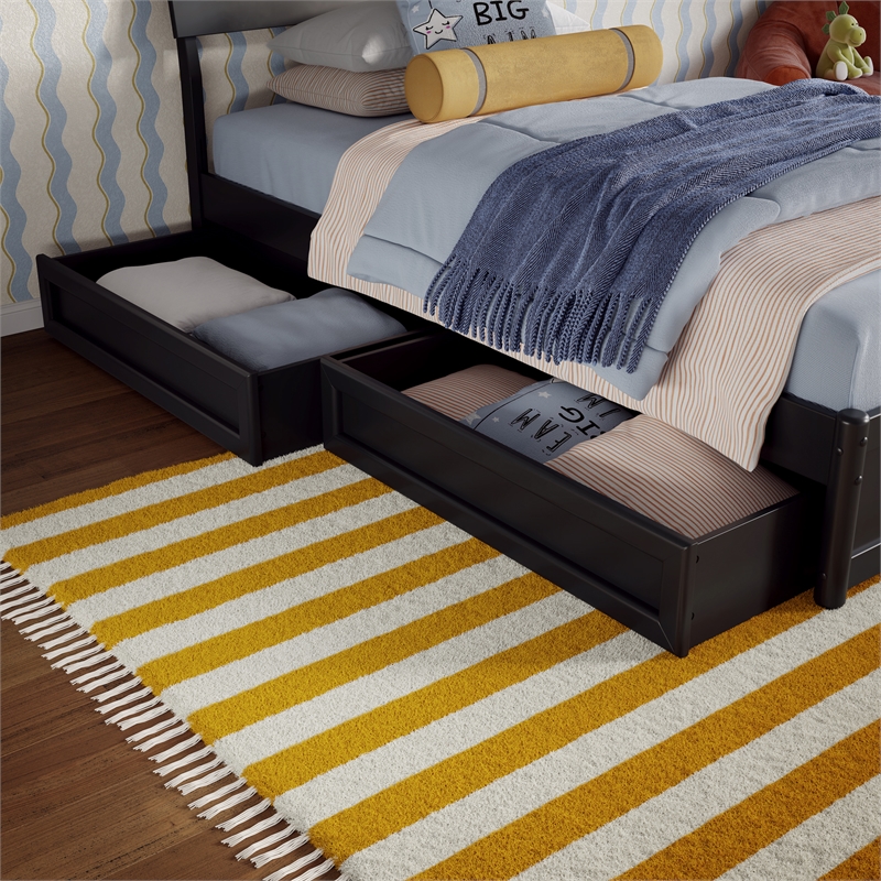 Norla Twin Wood Platform Bed with Footboard and Drawers in Black