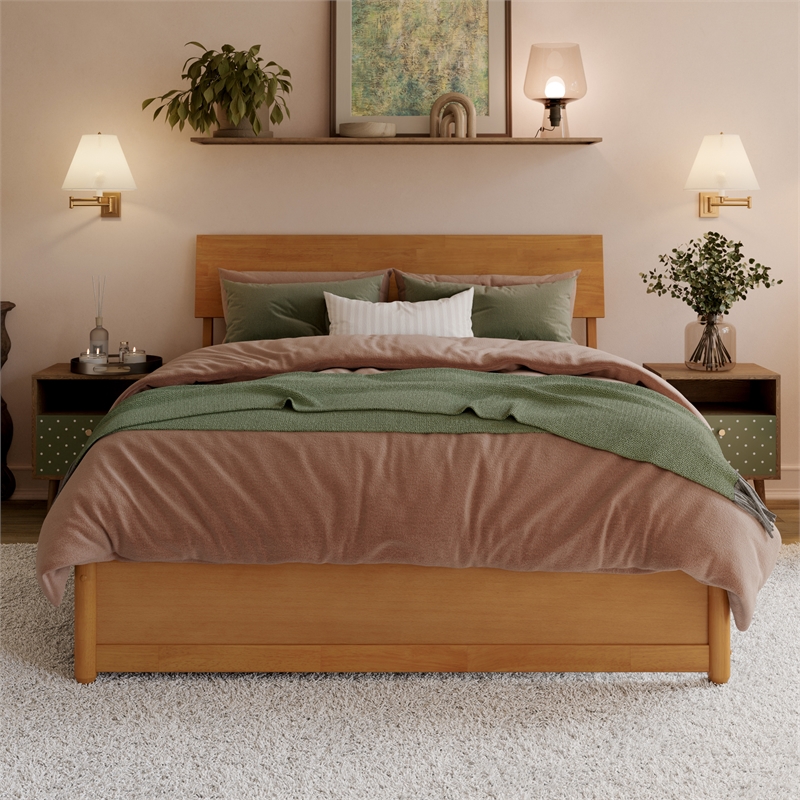 Norla Full Wood Platform Bed with Footboard and Drawers in Light Toffee