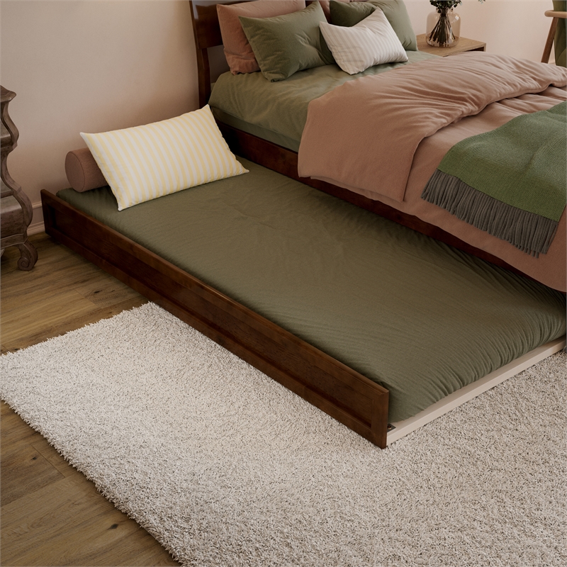 Norla Twin XL Wood Platform Bed with Footboard and Twin XL Trundle in Walnut