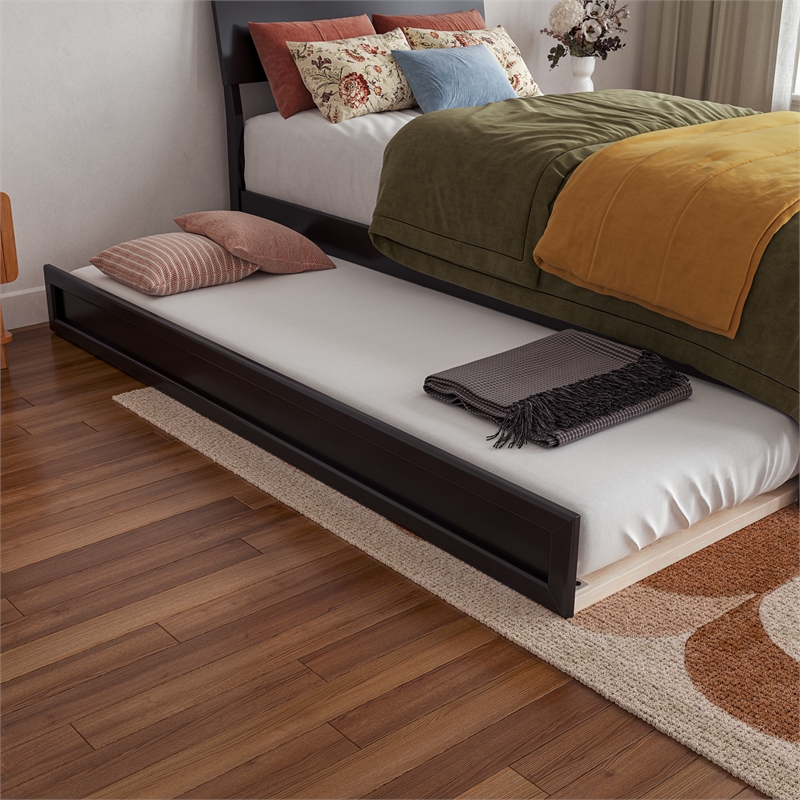 Norla Twin XL Wood Platform Bed with Footboard and Twin XL Trundle in Black