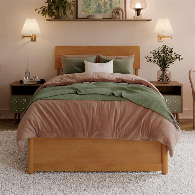 Norla Twin XL Wood Platform Bed w/ Footboard and Twin XL Trundle in Light Toffee