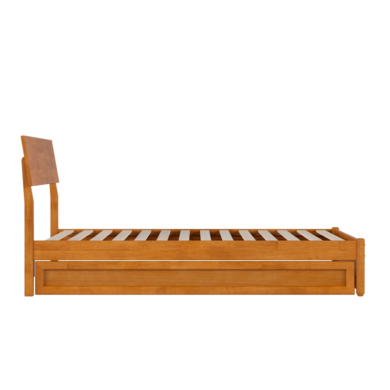 Norla Twin Wood Platform Bed with Footboard and Twin Trundle in Light Toffee