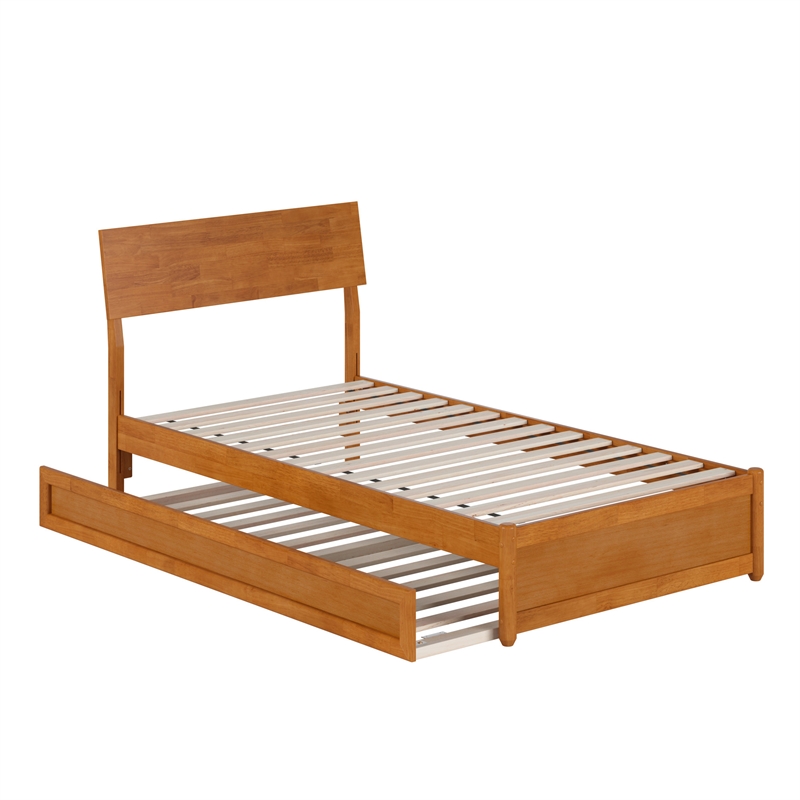 Norla Twin Wood Platform Bed with Footboard and Twin Trundle in Light Toffee