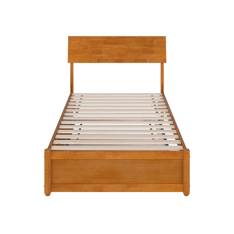 Norla Twin Wood Platform Bed with Footboard and Twin Trundle in Light Toffee