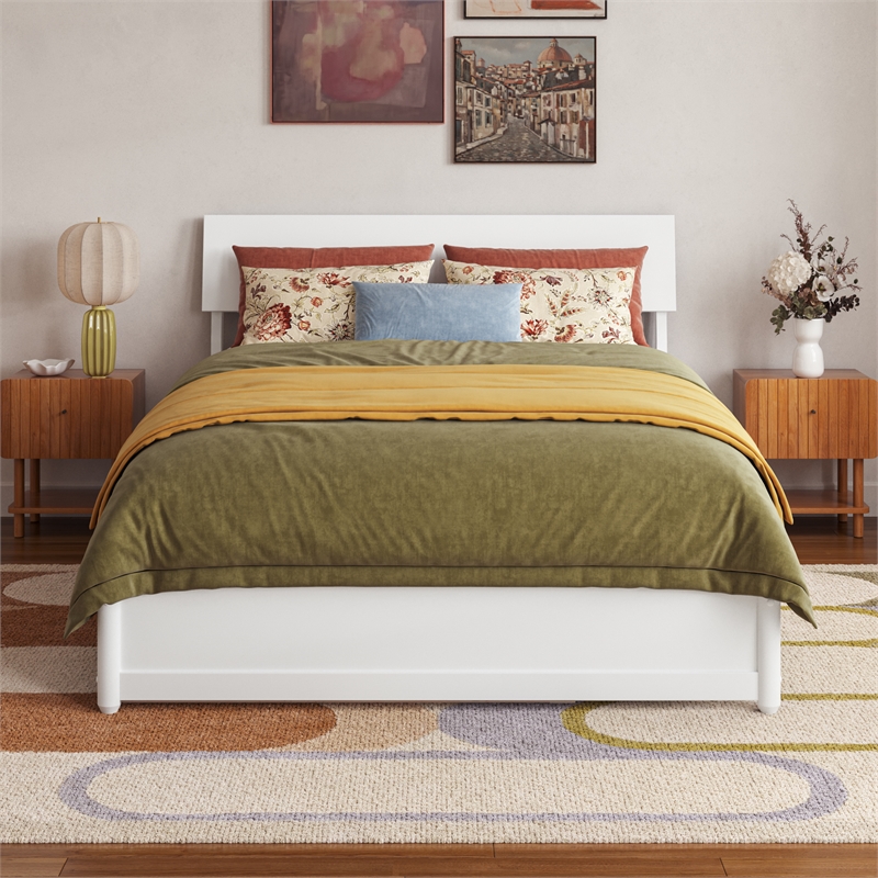 Norla Full Wood Platform Bed with Footboard and Twin Trundle in White