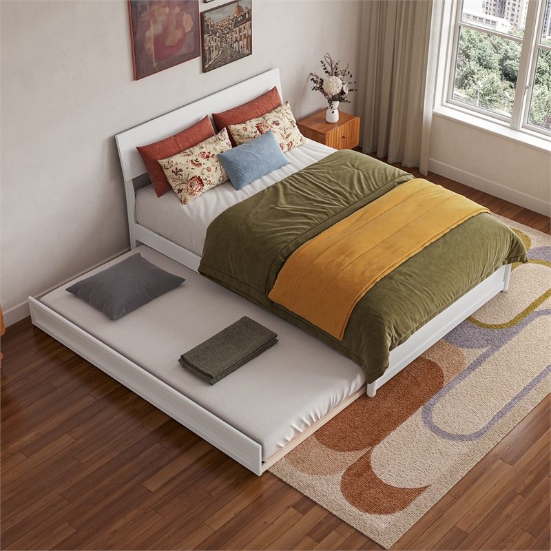 Norla Full Wood Platform Bed with Footboard and Twin Trundle in White
