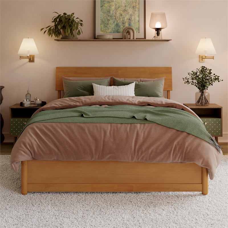 AFI Norla Full Wood Platform Bed with Footboard and Twin Trundle in Light Toffee