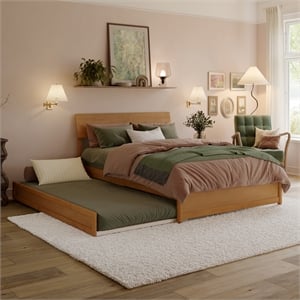 AFI Norla Full Wood Platform Bed with Footboard and Twin Trundle in Light Toffee
