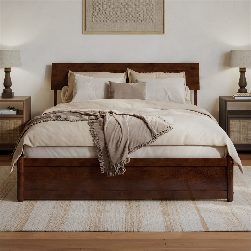 Norla Queen Wood Platform Bed with Footboard and Twin XL Trundle in Walnut