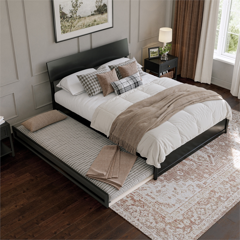 Norla Queen Wood Platform Bed with Footboard and Twin XL Trundle in Black