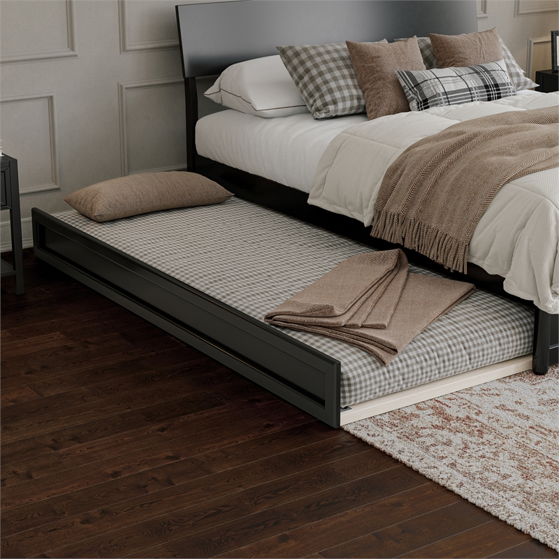 Norla Queen Wood Platform Bed with Footboard and Twin XL Trundle in Black