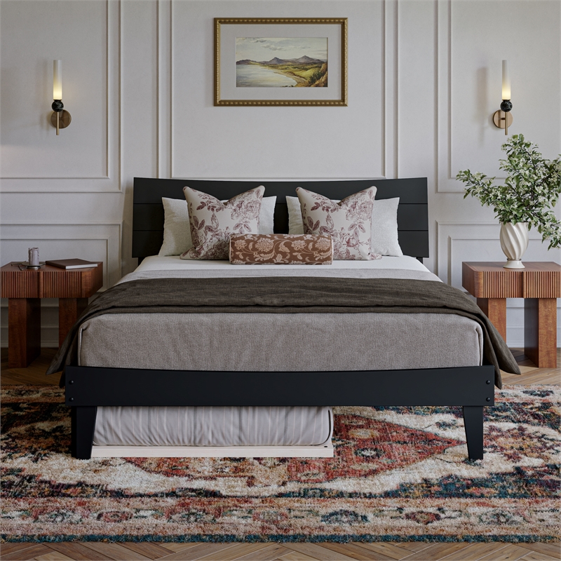 Phoenix Queen Solid Wood Platform Bed with Twin XL Trundle in Black