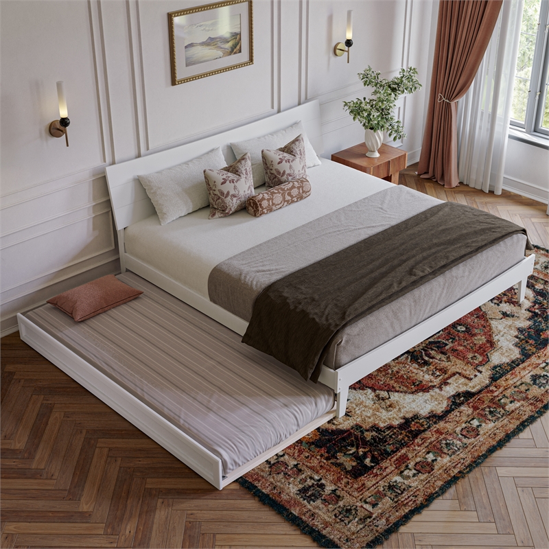 Phoenix King Solid Wood Platform Bed with Twin XL Trundle in White