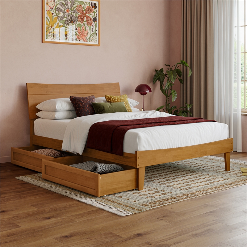 Phoenix Full Size Solid Wood Platform Bed with Drawers in Light Toffee