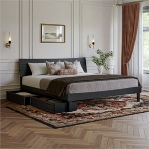 Phoenix King Size Solid Wood Platform Bed with Drawers in Black