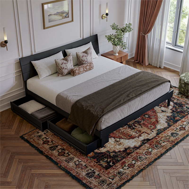 Phoenix King Size Solid Wood Platform Bed with Drawers in Black