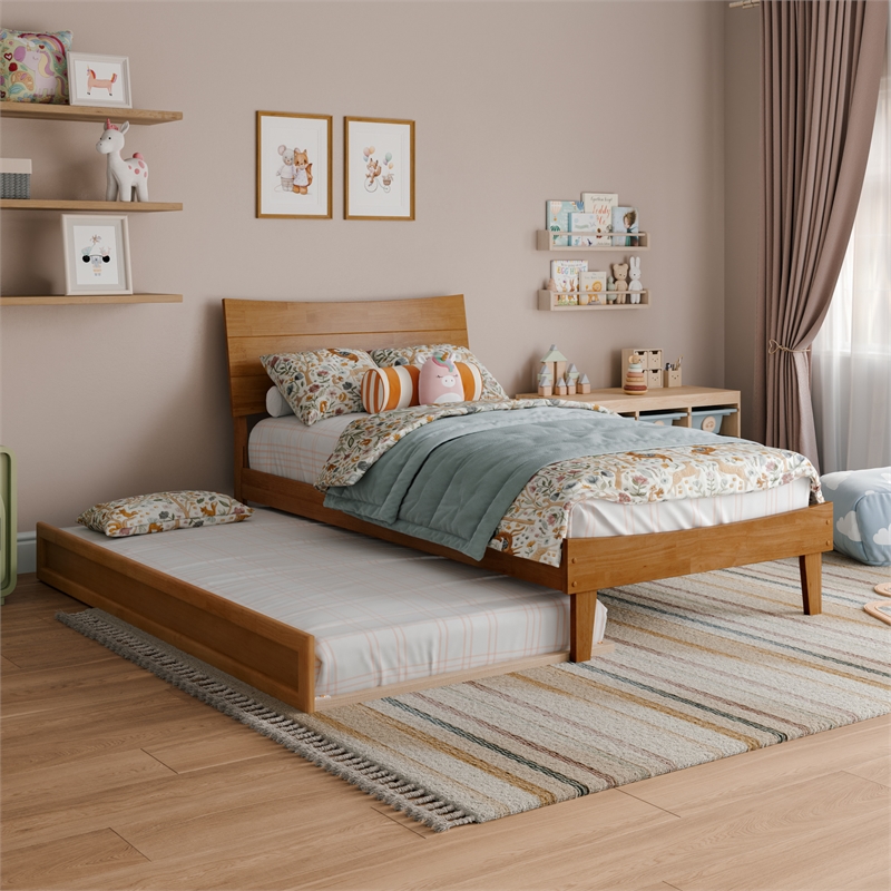 Phoenix Twin Solid Wood Platform Bed with Twin Trundle in Light Toffee