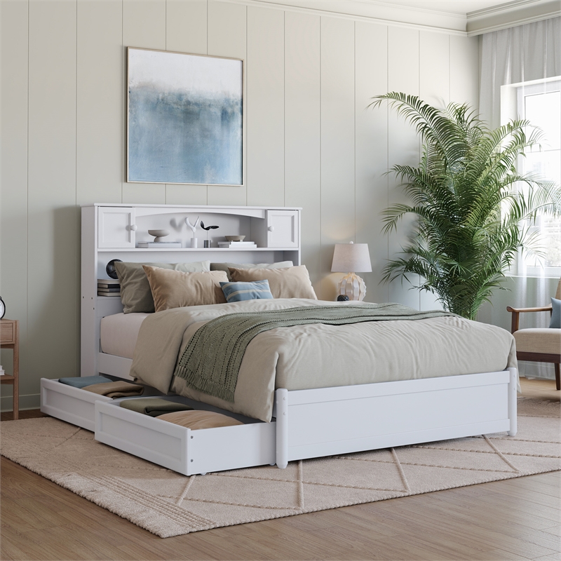 Denver Full Wood Platform Bed with Storage Drawers in White