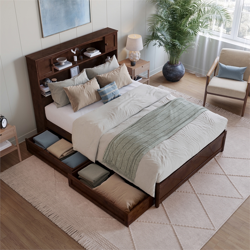 Denver Full Wood Platform Bed with Storage Drawers in Walnut