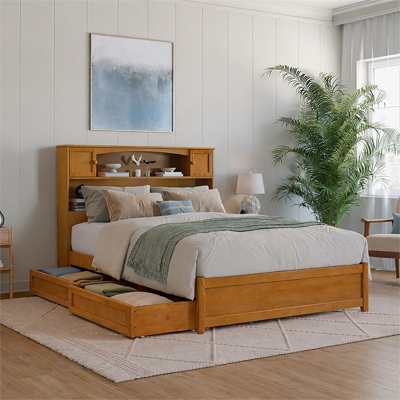 Denver Full Wood Platform Bed with Storage Drawers in Light Toffee