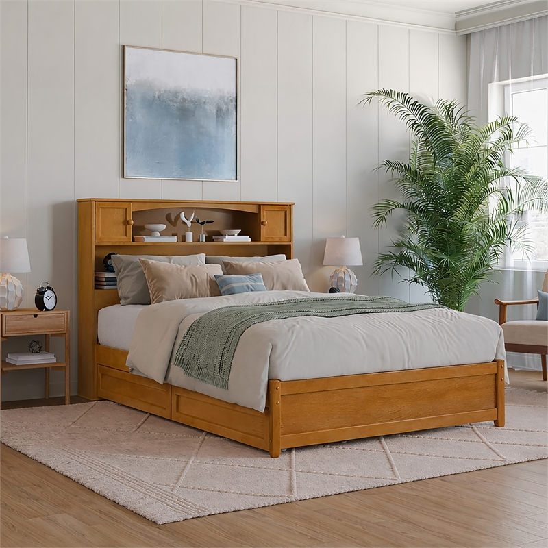 Denver Full Wood Platform Bed with Storage Drawers in Light Toffee